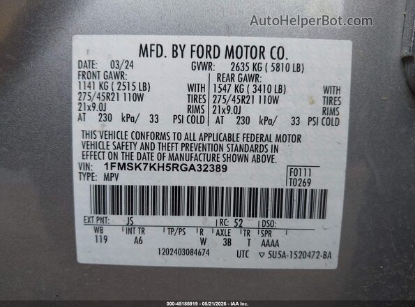 1FMSK7KH5RGA32389 2024 FORD EXPLORER Gray Vista del compartimento del motor