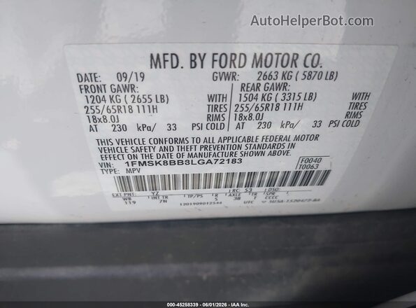 1FMSK8BB8LGA72183 2020 FORD EXPLORER White 