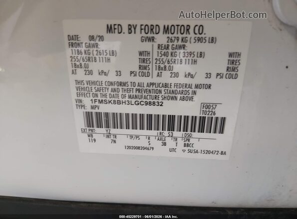1FMSK8BH3LGC98832 2020 FORD EXPLORER White Vista del compartimento del motor