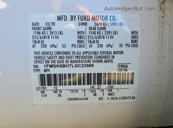 1FMSK8BH7LGC23969 2020 FORD EXPLORER White Vista de la etiqueta del VIN