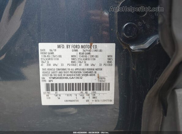 1FMSK8DH0LGA13632 2020 FORD EXPLORER Dark Blue Vista del compartimento del motor