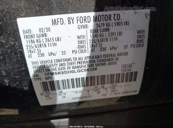 1FMSK8DH0LGC08324 2020 FORD EXPLORER Black Widok komory silnika