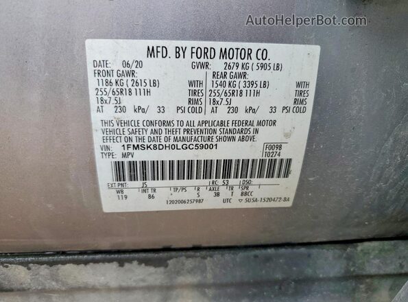 1FMSK8DH0LGC59001 2020 FORD EXPLORER Серый 