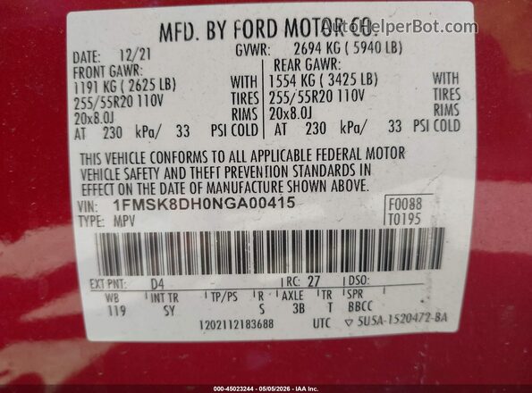 1FMSK8DH0NGA00415 2022 FORD FORD EXPLORER Red 