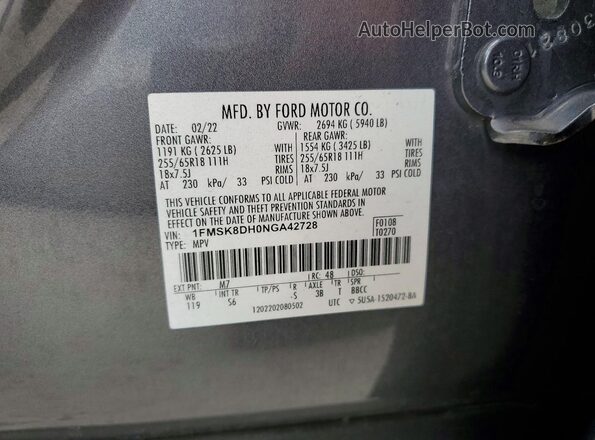 1FMSK8DH0NGA42728 2022 FORD FORD EXPLORER Silver Вид наклейки з VIN-кодом