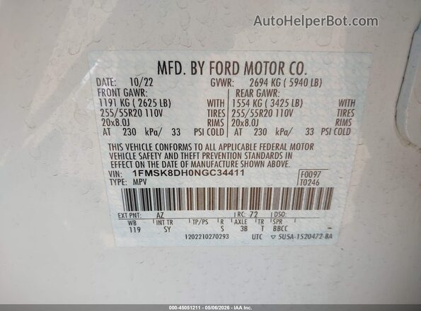 1FMSK8DH0NGC34411 2022 FORD FORD EXPLORER White Vista del compartimento del motor