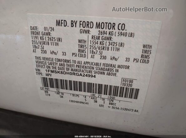 1FMSK8DH0RGA24994 2024 FORD EXPLORER White Vista del compartimento del motor