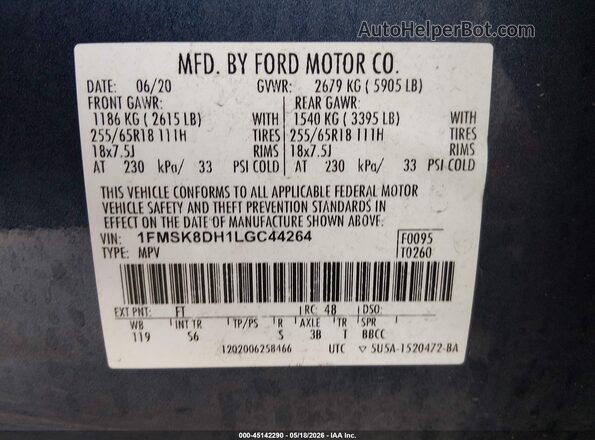 1FMSK8DH1LGC44264 2020 FORD EXPLORER Blue 