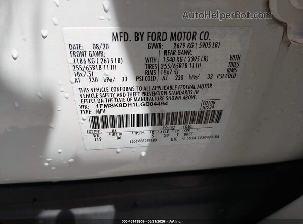 1FMSK8DH1LGD04494 2020 FORD EXPLORER White Շարժիչի բաժամունքի տեսք