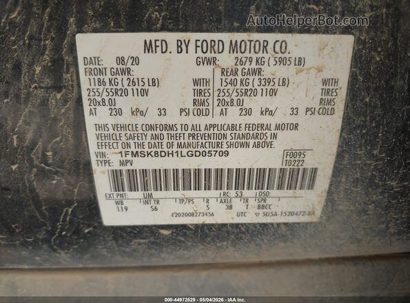 1FMSK8DH1LGD05709 2020 FORD FORD EXPLORER Black Вид підкапотного простору