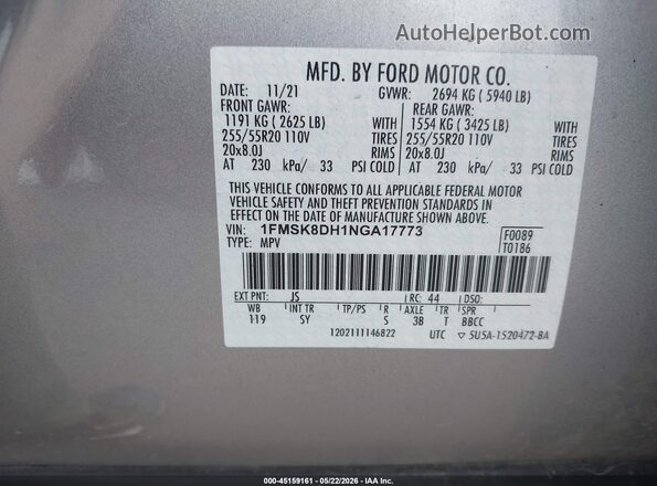 1FMSK8DH1NGA17773 2022 FORD EXPLORER Gray Vista del compartimento del motor