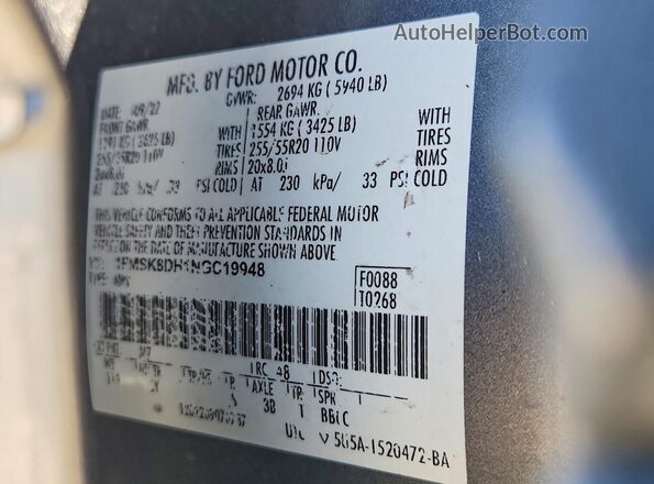 1FMSK8DH1NGC19948 2022 FORD EXPLORER Gray Vista de la etiqueta del VIN