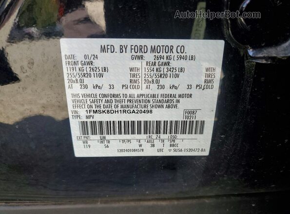 1FMSK8DH1RGA20498 2024 FORD EXPLORER Black Vista interior de 360 grados