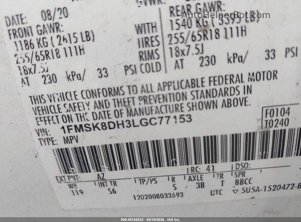 1FMSK8DH3LGC77153 2020 FORD EXPLORER White Вид підкапотного простору