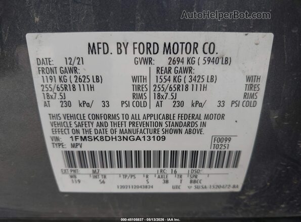1FMSK8DH3NGA13109 2022 FORD EXPLORER Gray 
