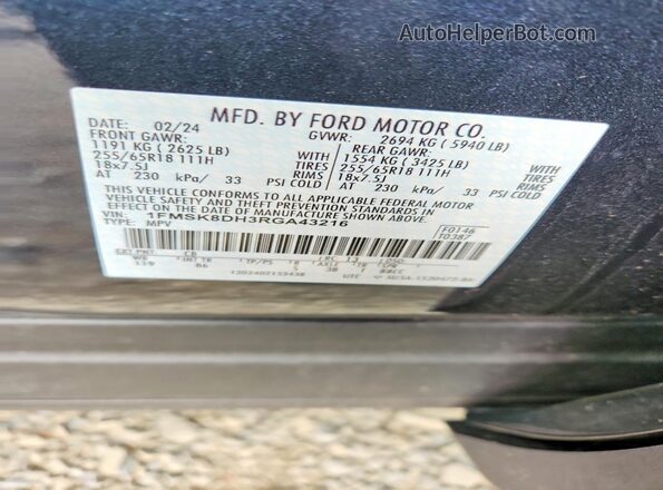 1FMSK8DH3RGA43216 2024 FORD EXPLORER Gray Vista de la etiqueta del VIN