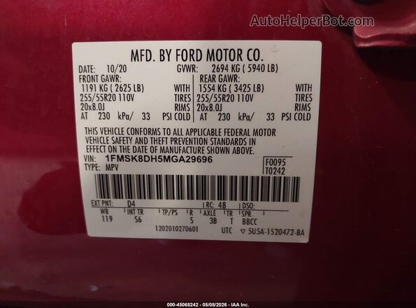 1FMSK8DH5MGA29696 2021 FORD FORD EXPLORER Красный Вид подкапотного пространства