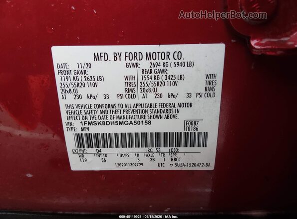 1FMSK8DH5MGA50158 2021 FORD EXPLORER Red Vista del compartimento del motor
