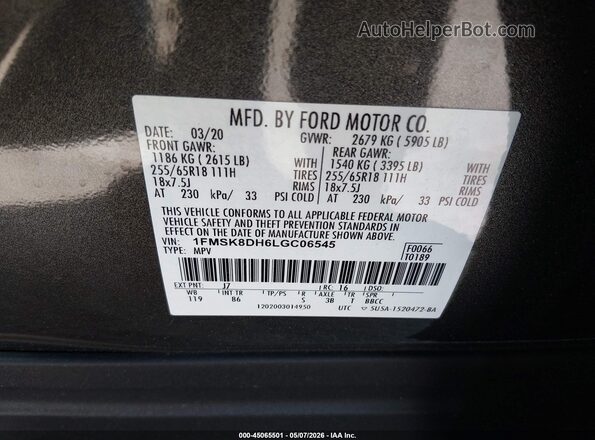 1FMSK8DH6LGC06545 2020 FORD FORD EXPLORER Gray Widok komory silnika