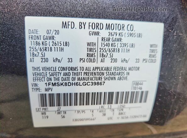 1FMSK8DH6LGC39867 2020 FORD EXPLORER Black Widok naklejki z numerem VIN