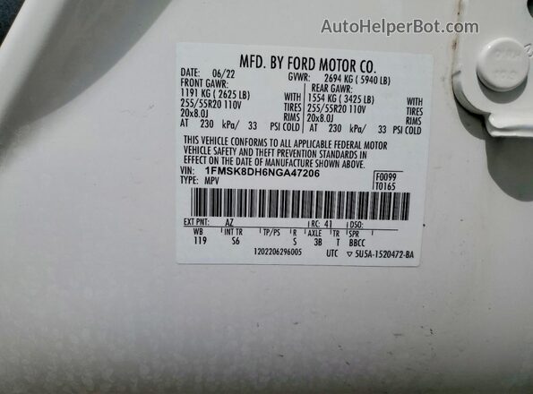 1FMSK8DH6NGA47206 2022 FORD EXPLORER White VIN կոդի պիտակի տեսք