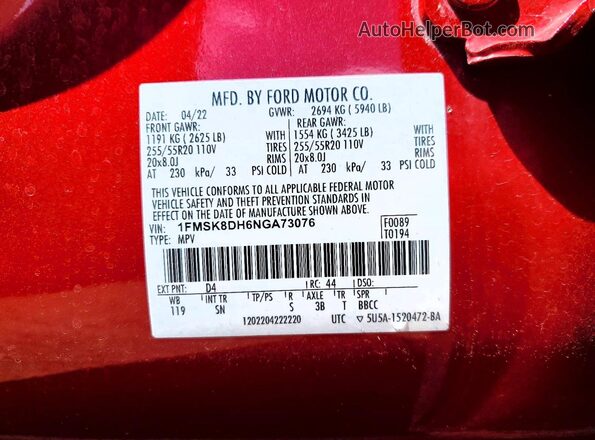 1FMSK8DH6NGA73076 2022 FORD EXPLORER Red VIN კოდის სტიკერის ხედი
