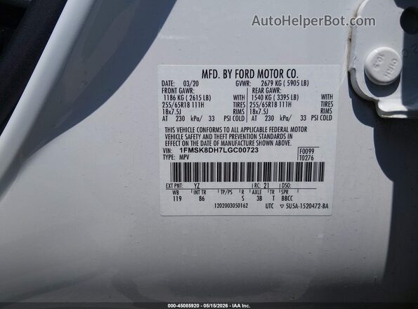 1FMSK8DH7LGC00723 2020 FORD EXPLORER White Vista del compartimento del motor