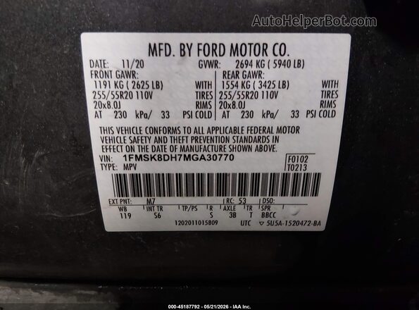 1FMSK8DH7MGA30770 2021 FORD EXPLORER Gray Engine compartment view