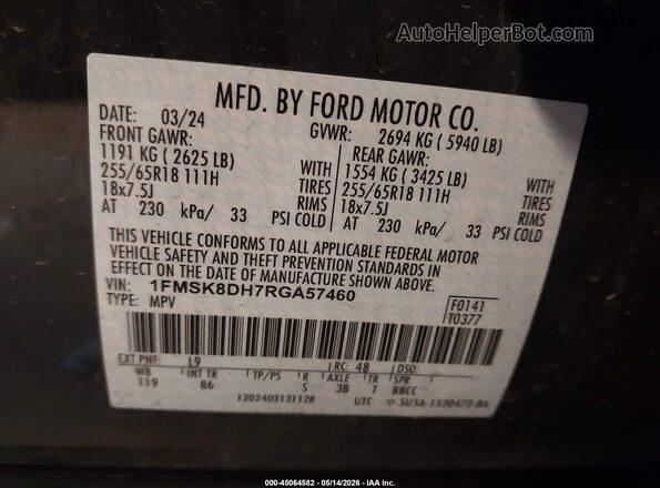 1FMSK8DH7RGA57460 2024 FORD EXPLORER Gray Widok komory silnika