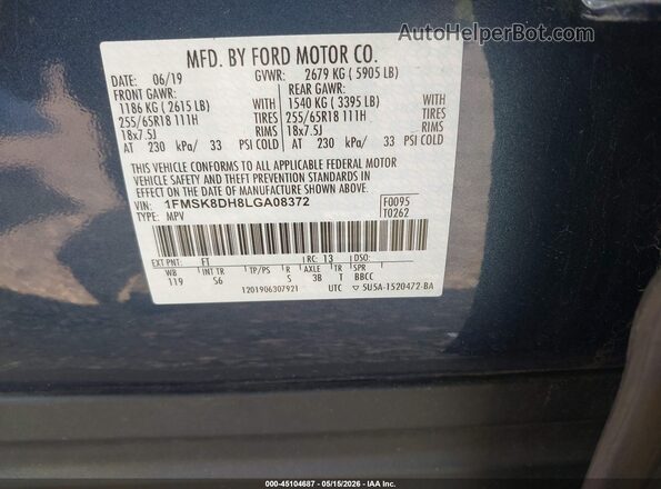 1FMSK8DH8LGA08372 2020 FORD EXPLORER Blue Engine compartment view