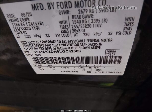 1FMSK8DH8LGC42088 2020 FORD EXPLORER Black Vista del compartimento del motor