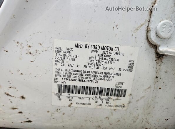1FMSK8DH8LGC78105 2020 FORD EXPLORER White Вид підкапотного простору