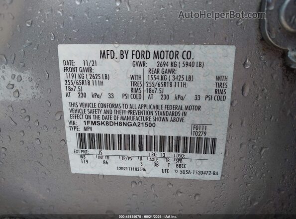 1FMSK8DH8NGA21500 2022 FORD EXPLORER Silver 