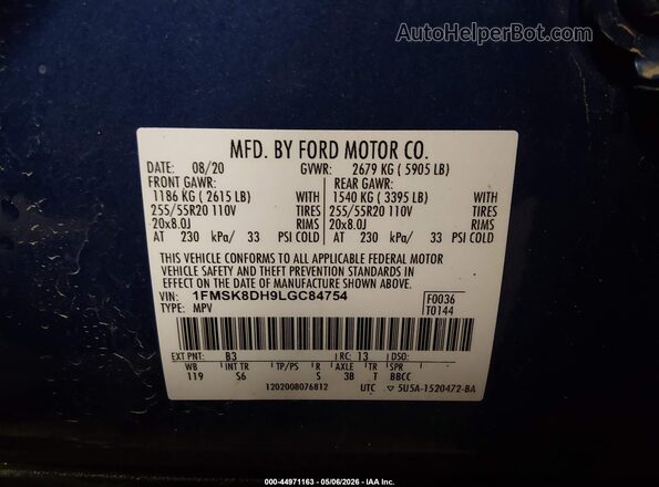 1FMSK8DH9LGC84754 2020 FORD FORD EXPLORER Blue Engine compartment view