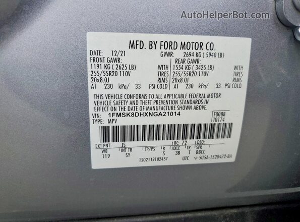1FMSK8DHXNGA21014 2022 FORD EXPLORER Silver Widok naklejki z numerem VIN