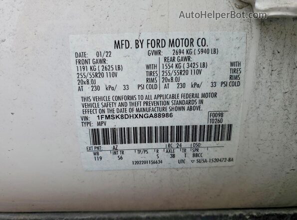1FMSK8DHXNGA88986 2022 FORD EXPLORER White VIN sticker view