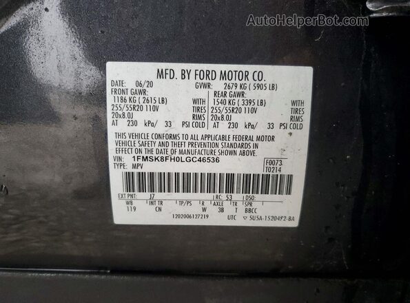 1FMSK8FH0LGC46536 2020 FORD FORD EXPLORER Gray Панорамний вид салону 360°