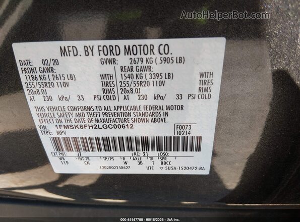 1FMSK8FH2LGC00612 2020 FORD EXPLORER Gray Widok komory silnika