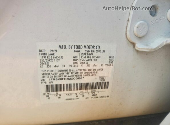 1FMSK8FH2MGC00997 2021 FORD EXPLORER White Շարժիչի բաժամունքի տեսք