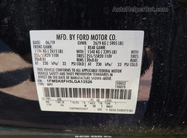 1FMSK8FH5LGA13526 2020 FORD EXPLORER Black Vista del compartimento del motor