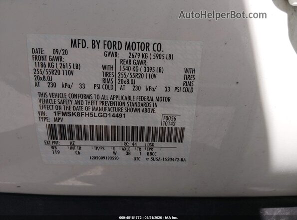1FMSK8FH5LGD14491 2020 FORD EXPLORER White 