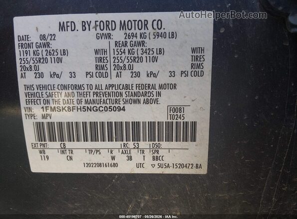 1FMSK8FH5NGC05094 2022 FORD EXPLORER Black Вид підкапотного простору