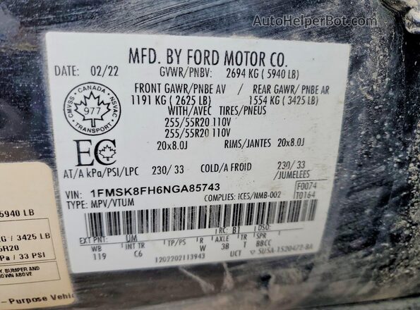 1FMSK8FH6NGA85743 2022 FORD FORD EXPLORER Черный 