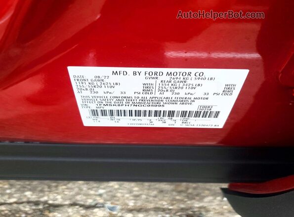 1FMSK8FH7NGC05095 2022 FORD EXPLORER Red VIN կոդի պիտակի տեսք