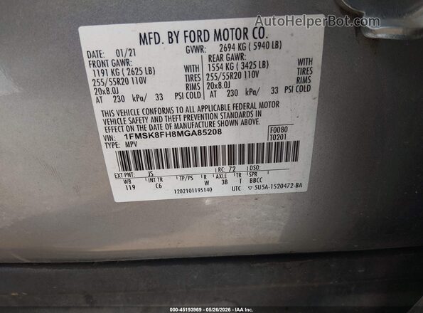 1FMSK8FH8MGA85208 2021 FORD EXPLORER Silver Vista del compartimento del motor