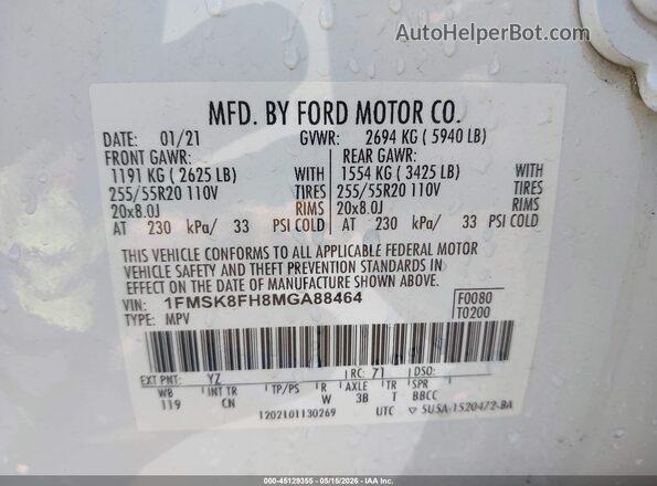1FMSK8FH8MGA88464 2021 FORD EXPLORER White Vista del compartimento del motor