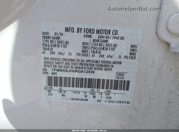 1FMSK8JH0RGA12039 2024 FORD EXPLORER Белый 