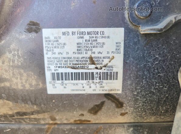 1FMSK8JH2NGA98612 2022 FORD EXPLORER Charcoal Սալոնի 360 աստիճան տեսք