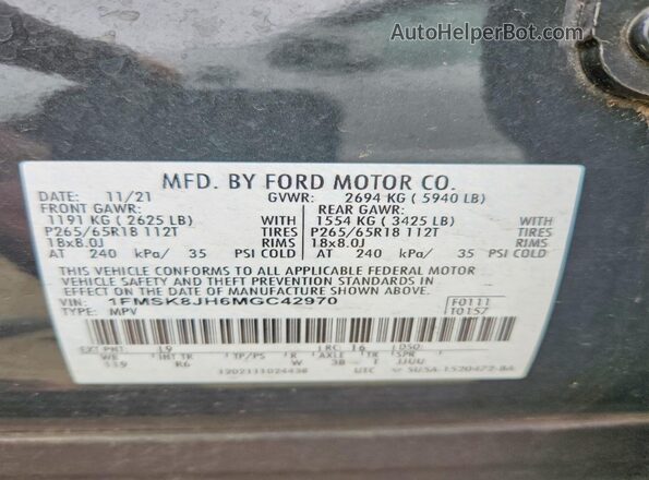1FMSK8JH6MGC42970 2021 FORD FORD EXPLORER Green Widok naklejki z numerem VIN