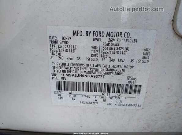 1FMSK8JH9NGA93777 2022 FORD EXPLORER White Շարժիչի բաժամունքի տեսք